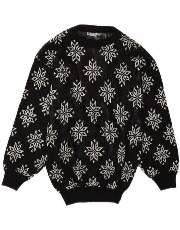 vintage Womens Snowflake Crew Neck Jumper Pull UK 14 Moyen Noir Rétro