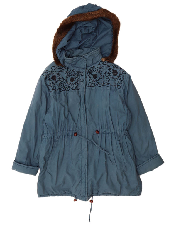 vintage Femmes À Capuchon Surdimensionné Coupe-Vent Manteau UK 10 Petit Bleu Floral