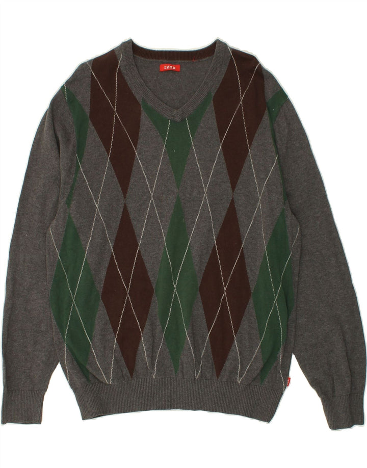 IZOD Mens V-Neck Jumper Sweater Medium Grey Argyle/Diamond Vintage Izod and Second-Hand Izod from Messina Hembry 