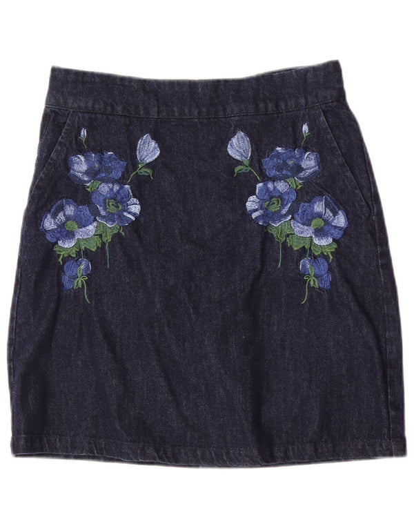 Warehouse Jupe en jean pour femme UK 10 Small W28 Bleu floral en coton
