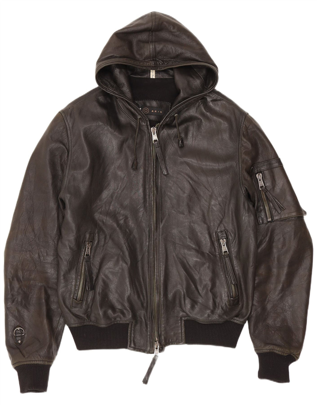 Aria Veste bomber à capuche en cuir pour homme IT 50 Large Noir