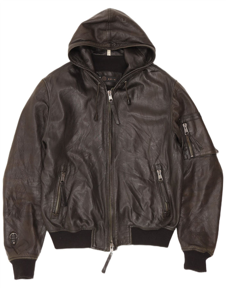 Aria Veste bomber à capuche en cuir pour homme IT 50 Large Noir