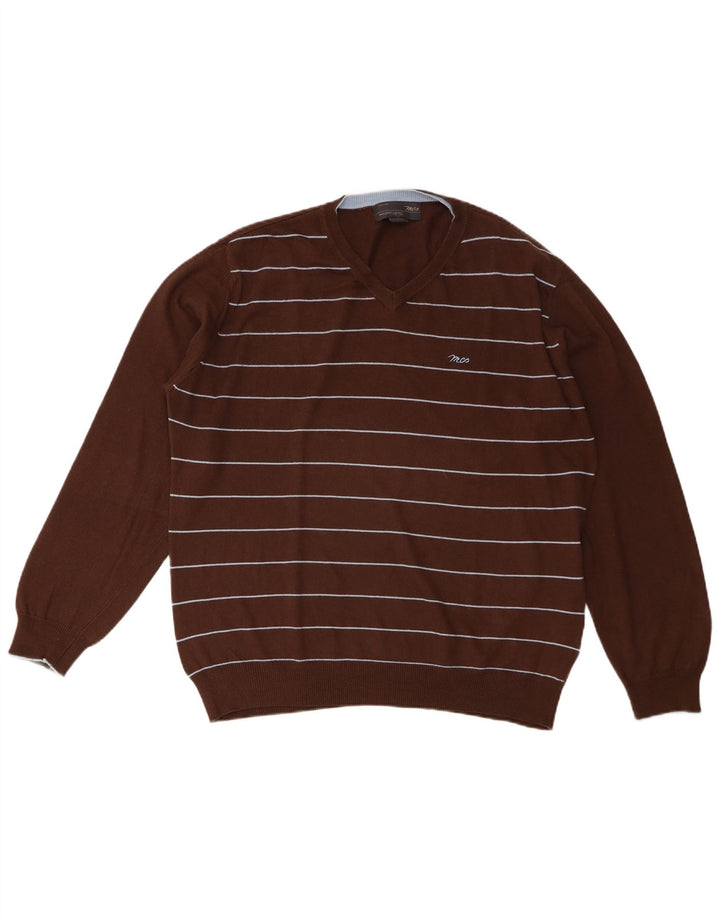 Marlboro Classics Pull col V pour homme en coton rayé marron Taille L