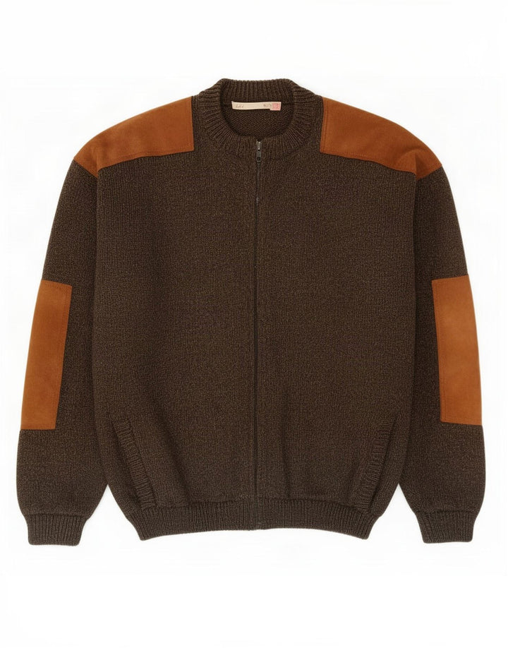 vintage Mens Zip Cardigan Sweater Moyen Kaki Colourblock