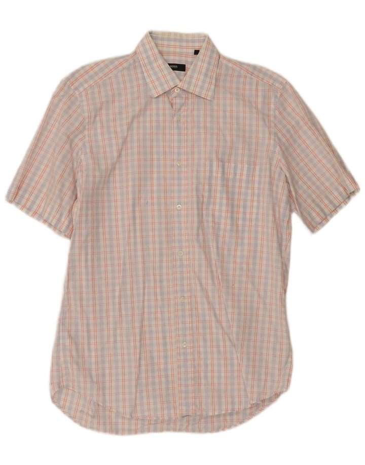 Hugo Boss Chemise à manches courtes pour homme Taille 39 15 1/2 Coton à carreaux blanc moyen