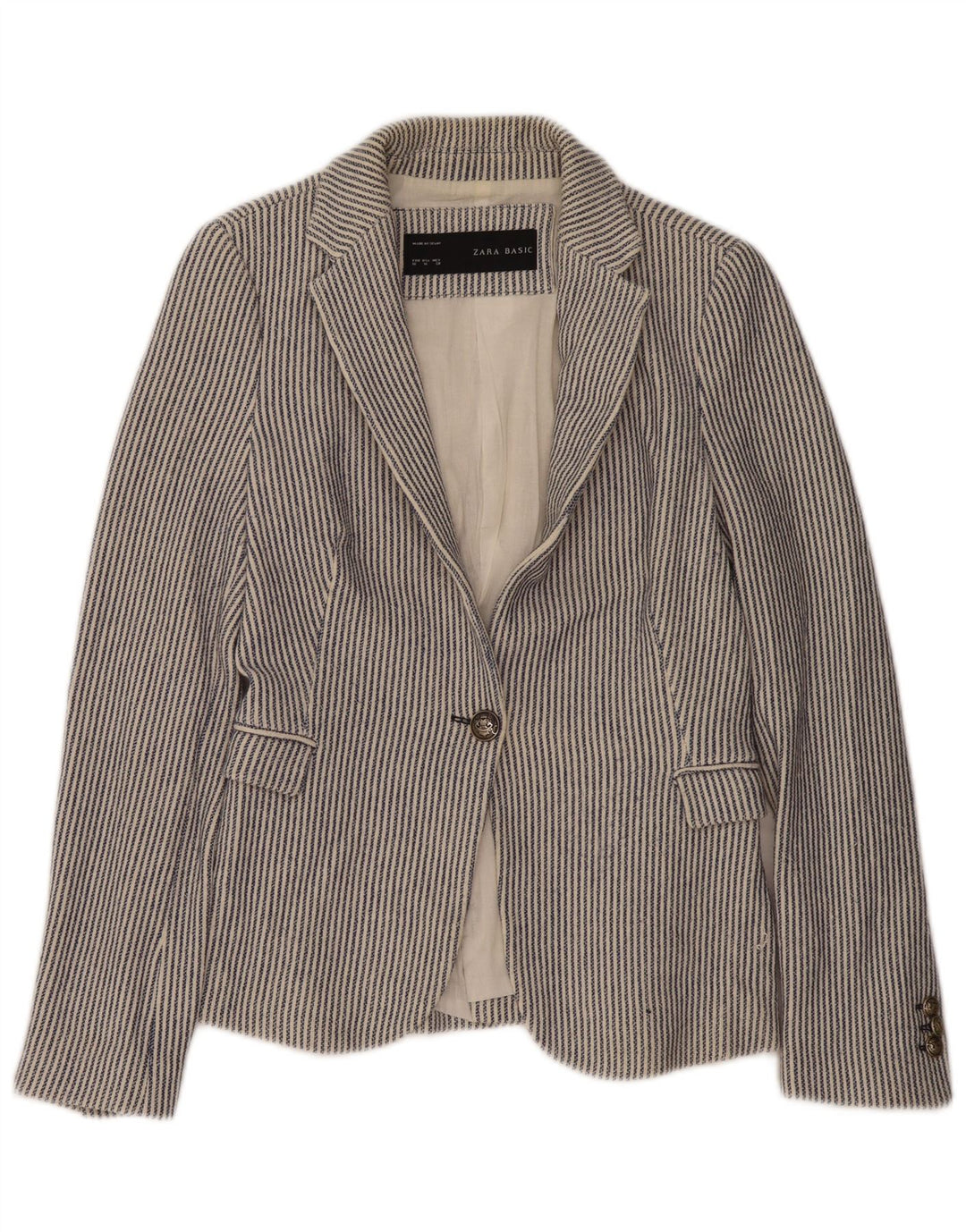 Zara Veste blazer à 1 bouton pour femme UK 12 en coton à fines rayures bleu moyen