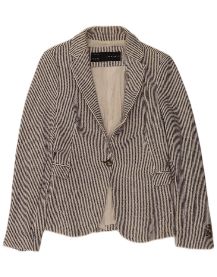 Zara Veste blazer à 1 bouton pour femme UK 12 en coton à fines rayures bleu moyen