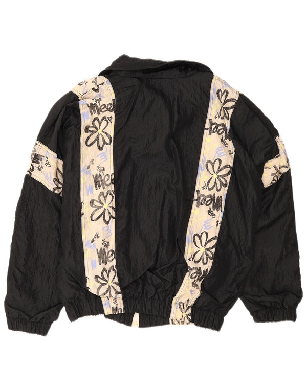vintage Mens Loose Fit Survêtement Top Veste Moyen Noir Floral Nylon Rétro