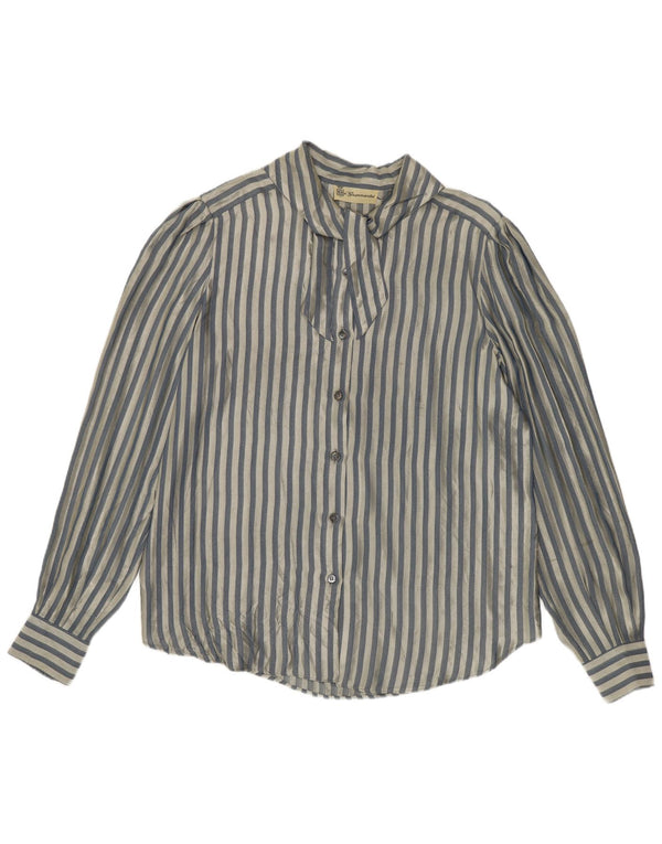 vintage Femme Chemise Blouse UK 14 Moyen Bleu Rayé