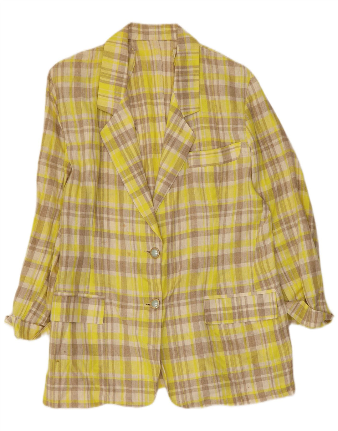 VINTAGE Veste Blazer 2 Boutons Femme IT 46 Grand Lin à Carreaux Jaune