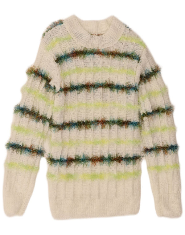 vintage Womens Boat Neck Jumper Sweater UK 10 Petit Blanc Rayé