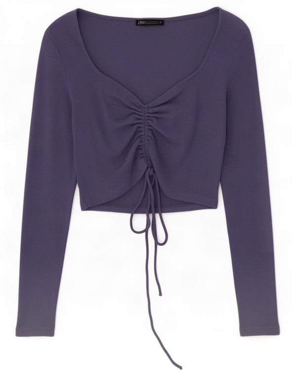 Zara Womens Crop Top Manches Longues UK 12 Coton Violet Moyen