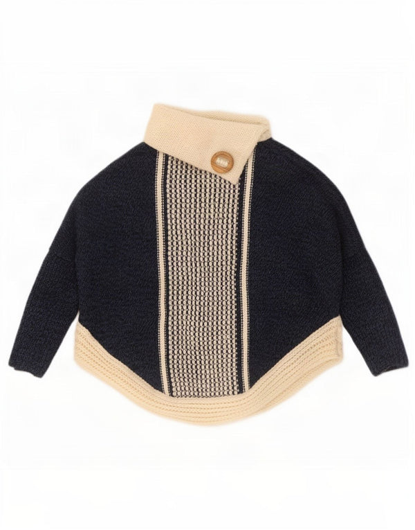 vintage Femmes Roll Neck Jumper Pull UK 14 Medium Navy Blue Colourblock