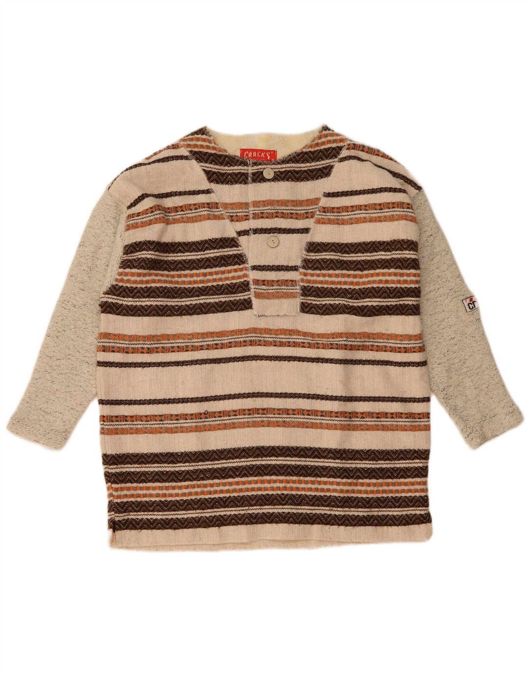 vintage Homme Manches 3/4 Bouton Col Pull Pull Rayé Beige Moyen