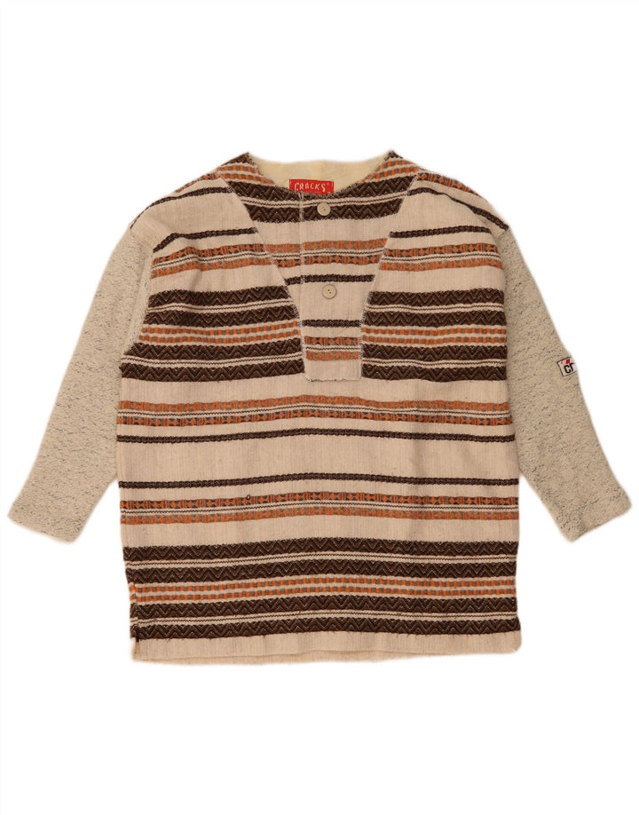 vintage Homme Manches 3/4 Bouton Col Pull Pull Rayé Beige Moyen