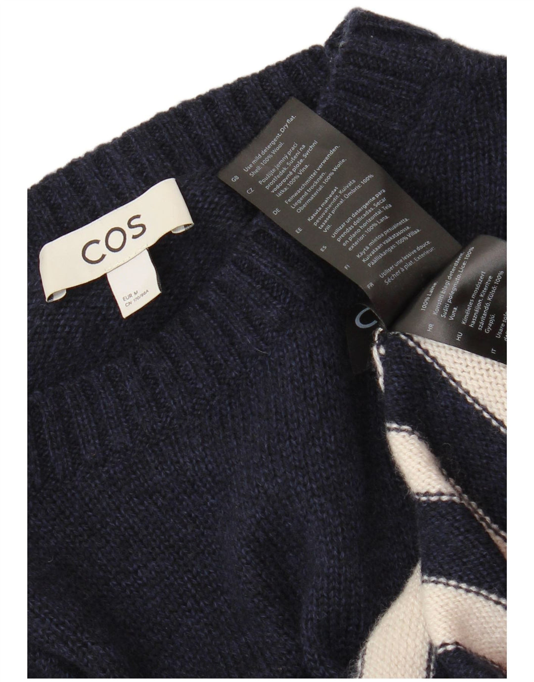 Cos Pull ras du cou pour femme UK 44 en laine rayée bleu marine moyen