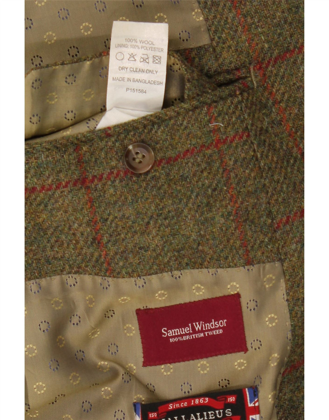Samuel Windsor Veste blazer à 2 boutons pour homme UK 46 3XL Kaki à carreaux en laine