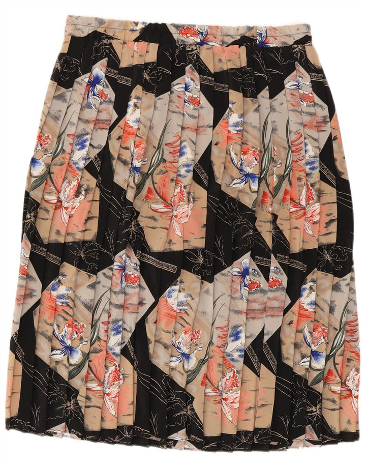 VINTAGE Femme Couteau Jupe Plissée Moyen W30 Noir Floral Polyester