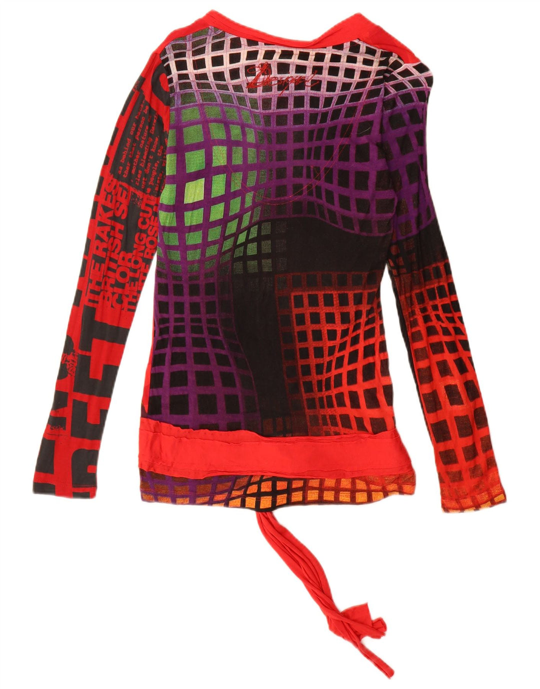 Desigual Femme Graphic Top Manches Longues UK 12 Medium Rouge Viscose