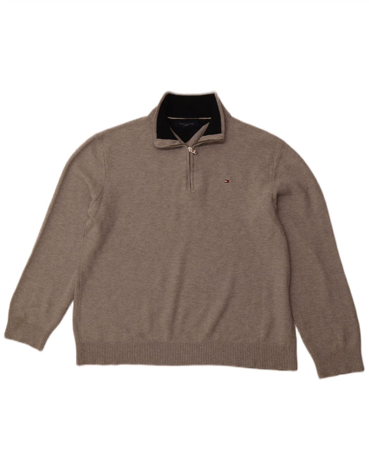 TOMMY HILFIGER Pull Col Zippé Homme XL Gris Coton