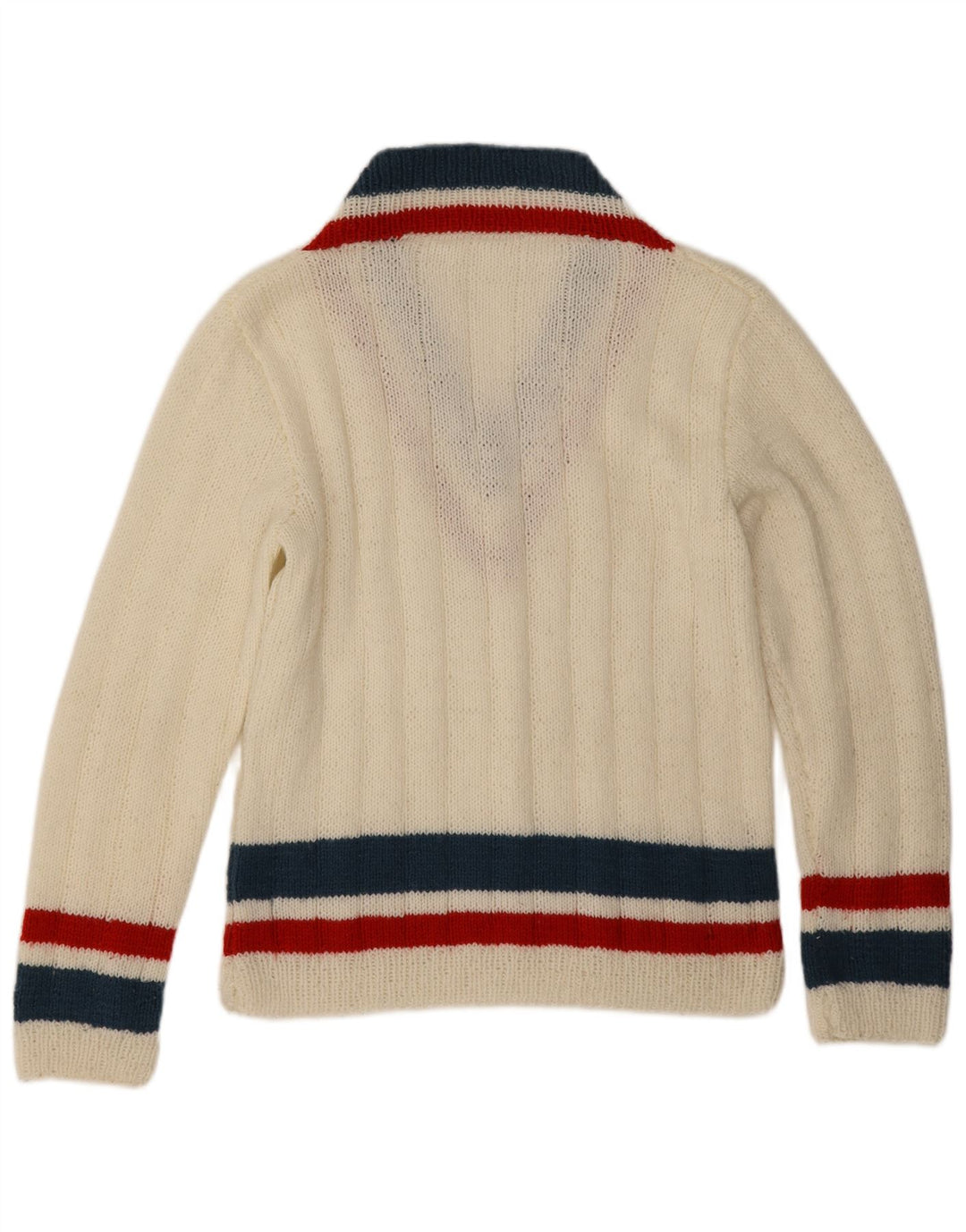 vintage Mens V-Col Jumper Pull Moyen Blanc Rayé