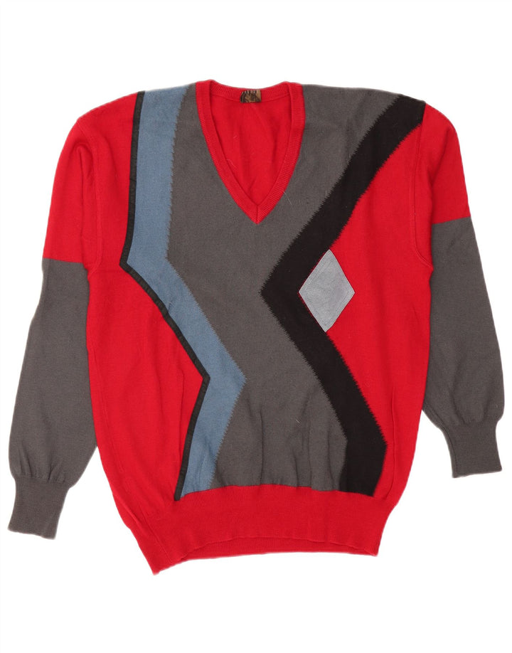 DALMINE Pull Col V Homme IT 50 Laine Vierge Colorblock Rouge Moyen