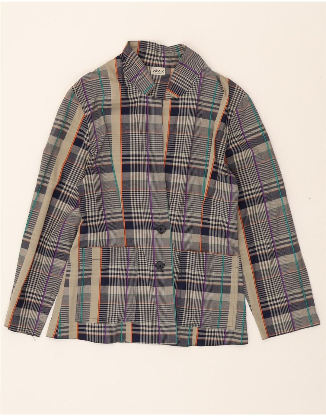 VINTAGE Womens 2 Button Blazer Jacket EU 38 Medium Navy Blue Check Vintage Vintage and Second-Hand Vintage from Messina Hembry 