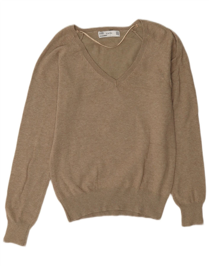 Zara Pull col en V pour femme UK 14 en coton marron moyen