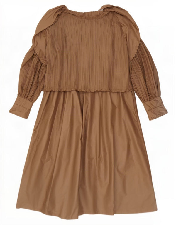 vintage Femmes Manches Longues Surdimensionné Maxi Robe EU 36 Petit Polyester Beige