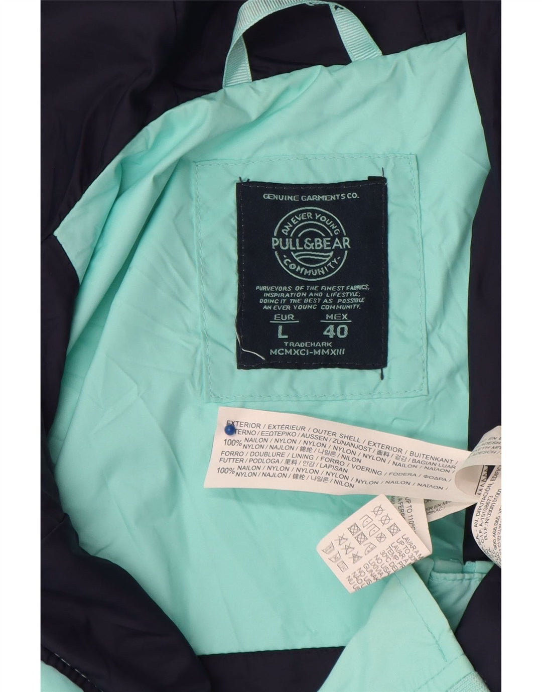 Pull & Bear Veste de pluie à capuche pour homme UK 40 Large Turquoise Colourblock Nylon