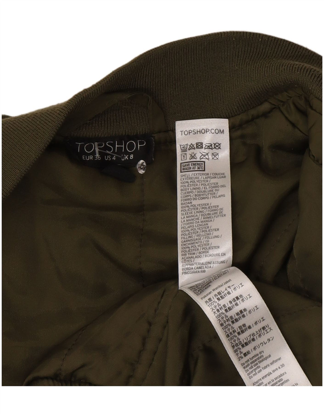Topshop Veste Bomber Rembourrée Femme UK 8 Petit Vert Polyester