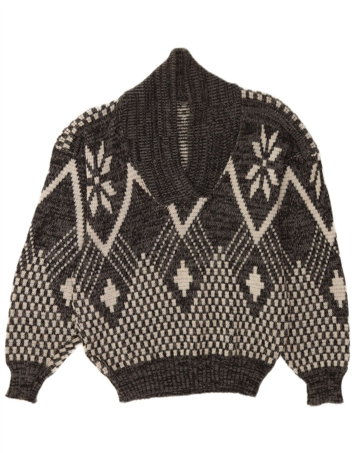 vintage Homme Col Châle Pull Pull Gris Moyen Géométrique
