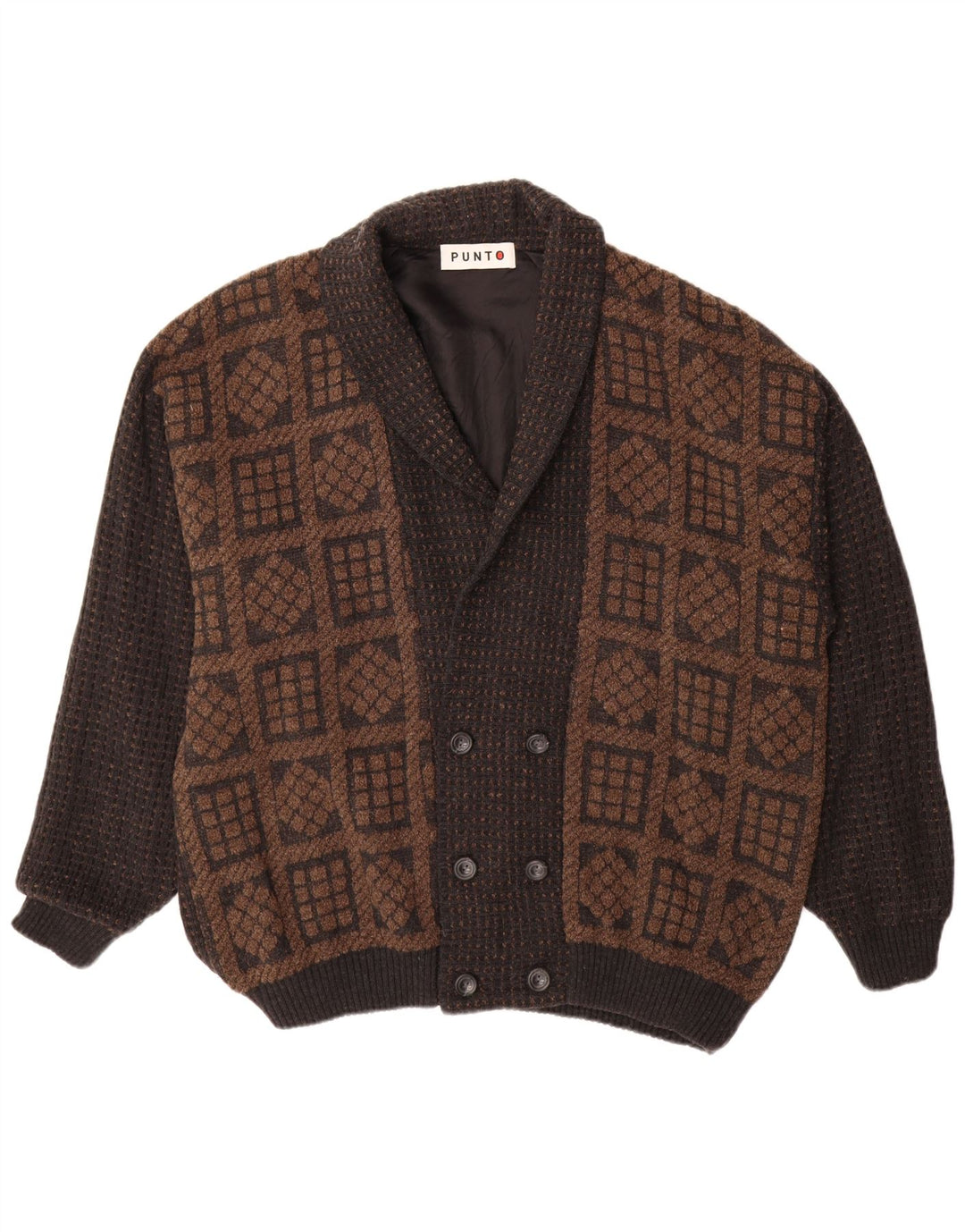 VINTAGE Pull Cardigan Double Boutonnage Homme IT 56 2XL Marron Géométrique