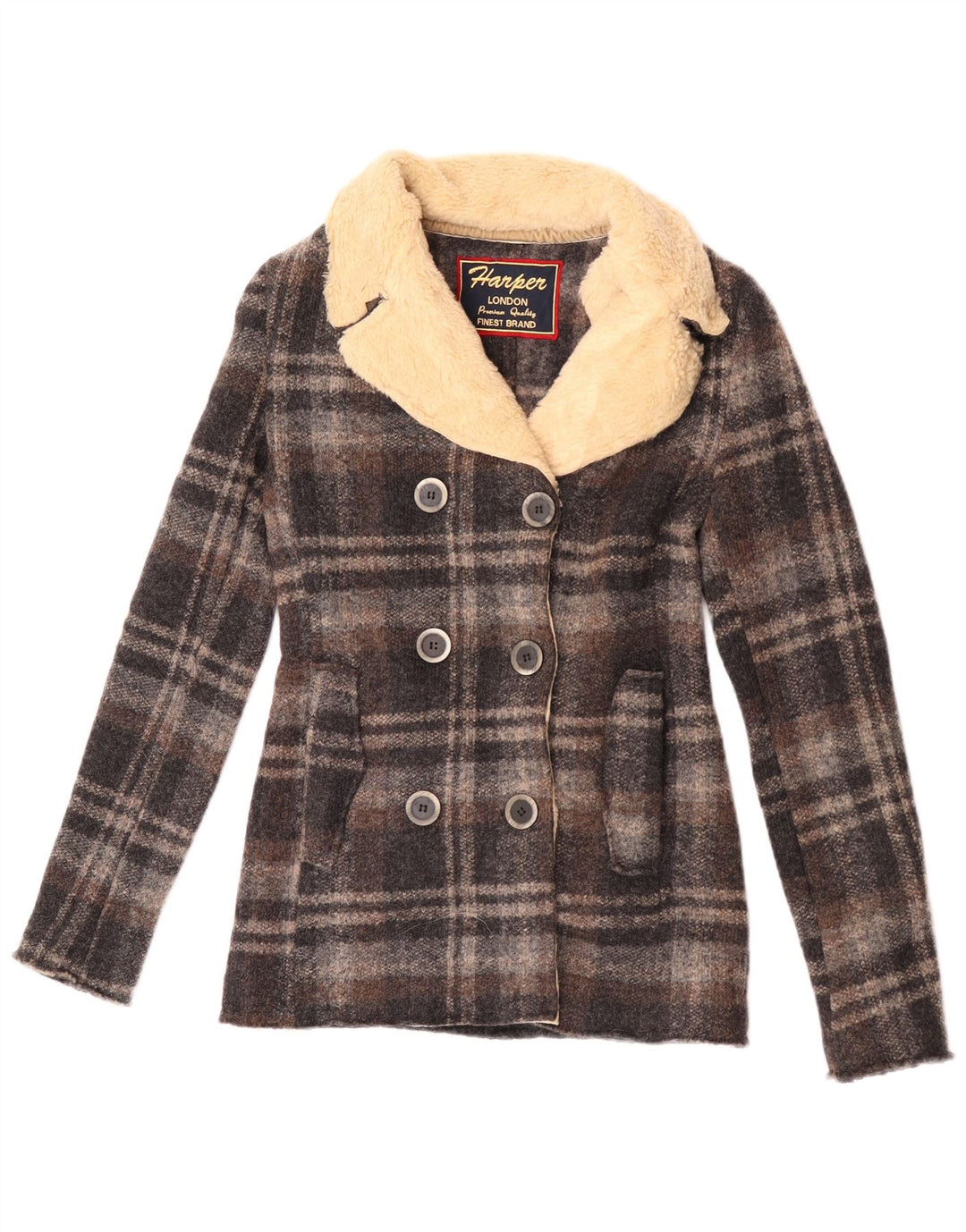 Caban femme vintage IT 42 laine à carreaux gris moyen