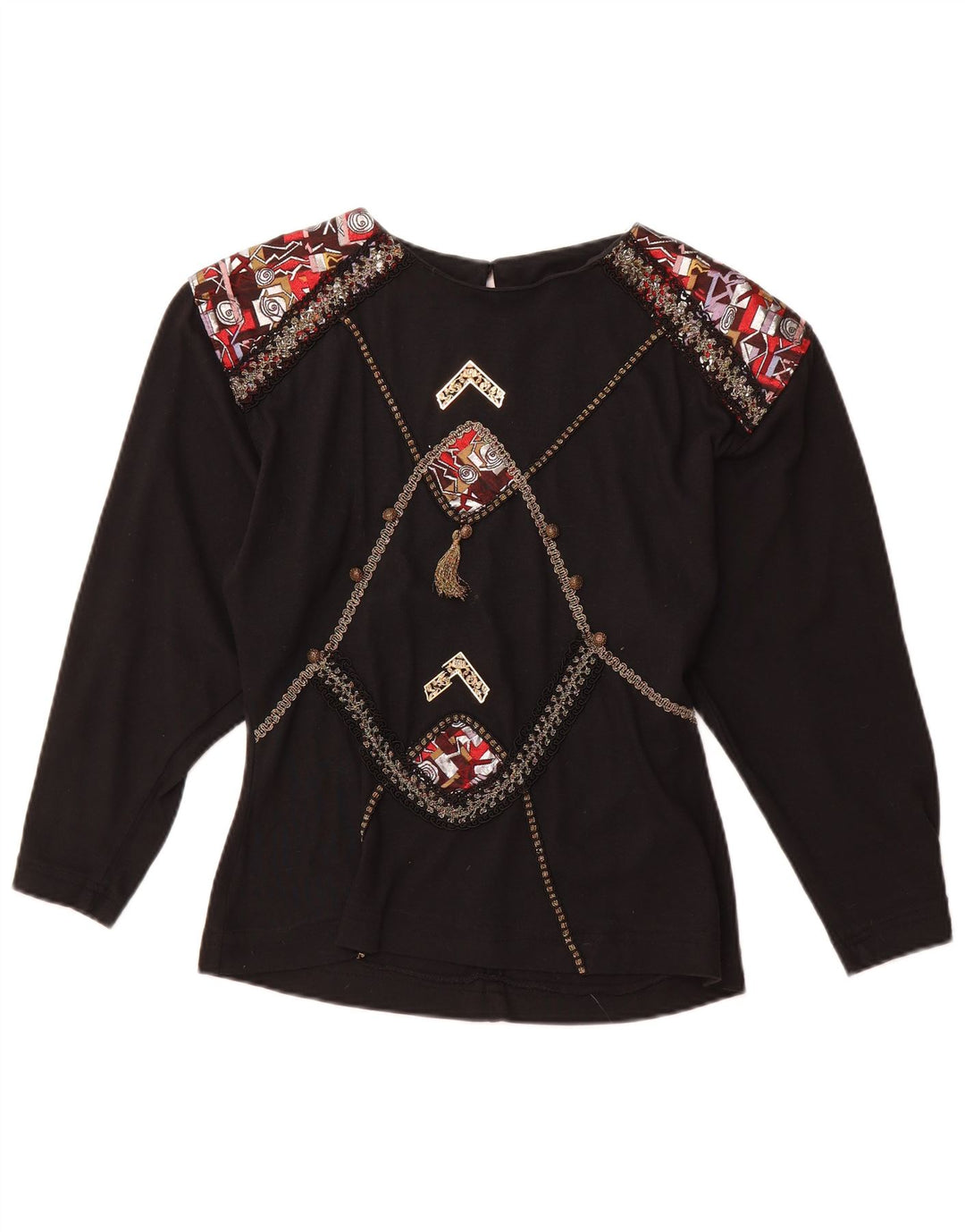 VINTAGE Femme Graphique Manches Longues Blouse Top UK 12 Acrylique Noir Moyen