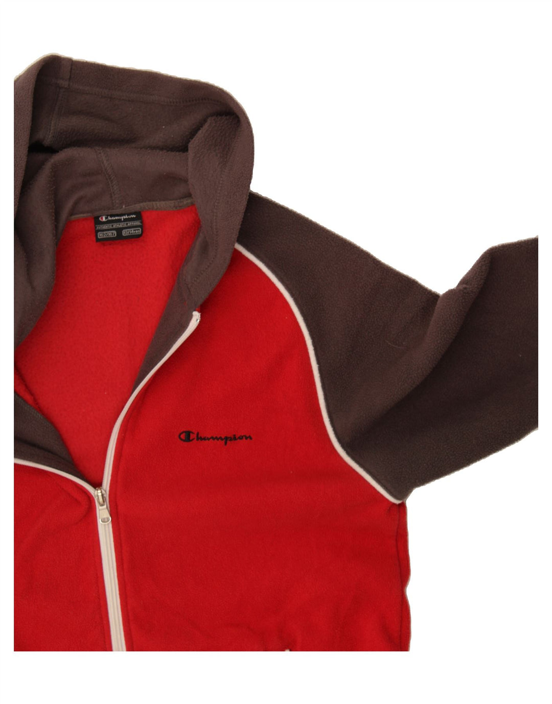 CHAMPION Boys Hooded Fleece Jacket 13-14 Years Red Colourblock Polyester Vintage Champion and Second-Hand Champion from Messina Hembry 