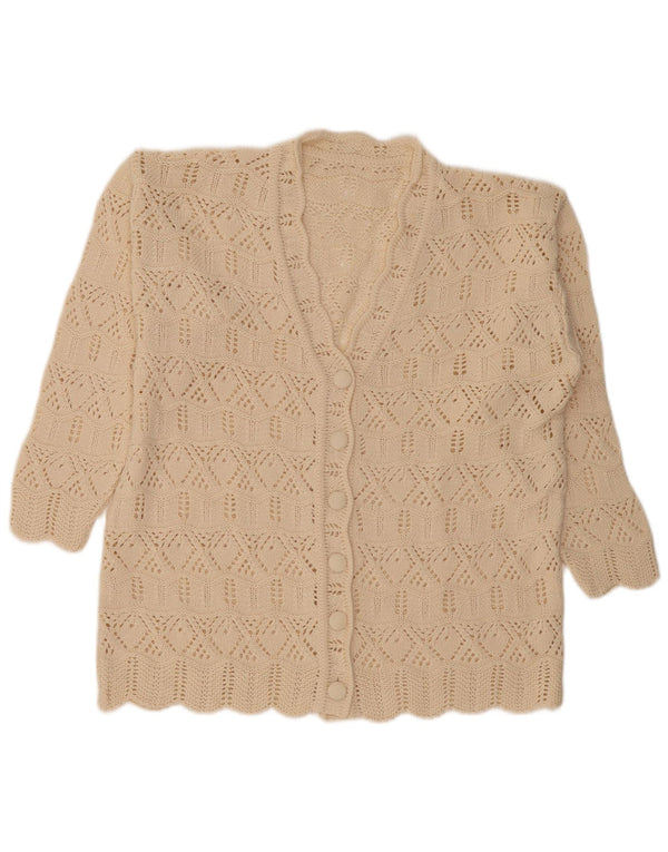 vintage Femmes 3/4 Manches Crochet Cardigan Pull UK 16 Grand Coton Beige