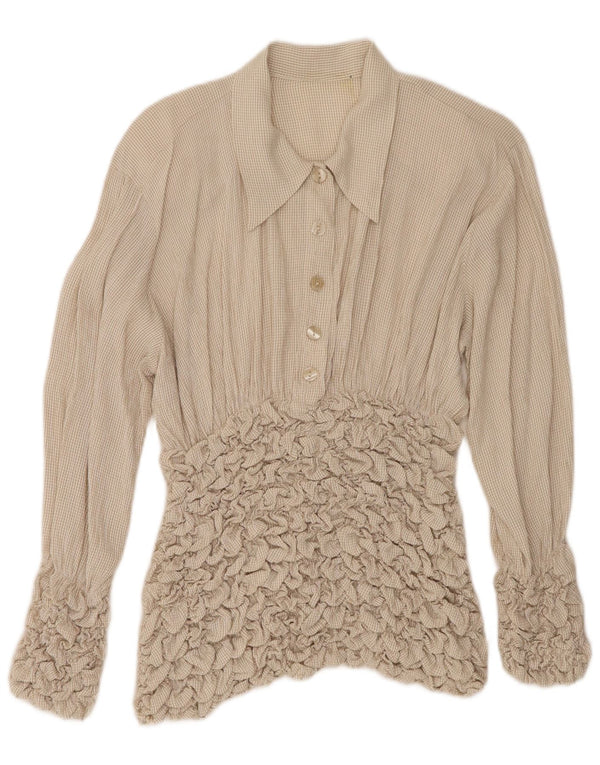 vintage Femme Manches Longues Blouse Top UK 10 Petit Beige Check Acétate