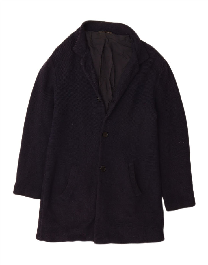 Zara Mens Knit Overcoat UK 40 Large Bleu Marine Coton