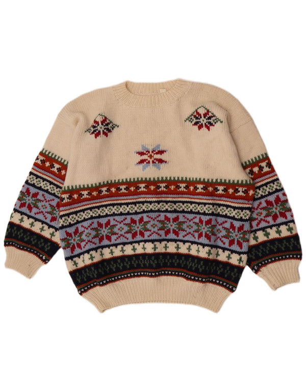 vintage Femmes Crew Neck Jumper Pull UK 18 XL Off White Fair Isle Wool
