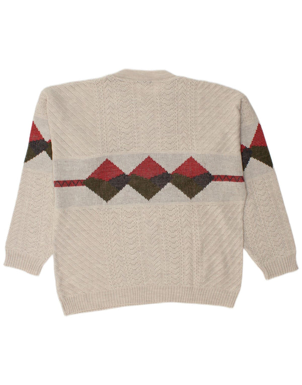 vintage Mens Crew Neck Jumper Pull Grand Beige Argyle/Diamant Acrylique