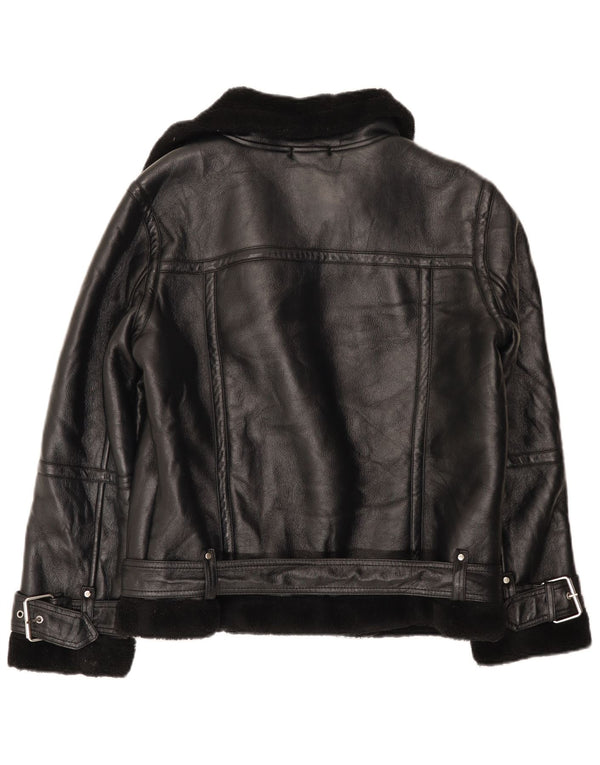 Topshop Veste de motard Sherpa surdimensionnée pour femme UK 10 Small Noir Polyuréthane
