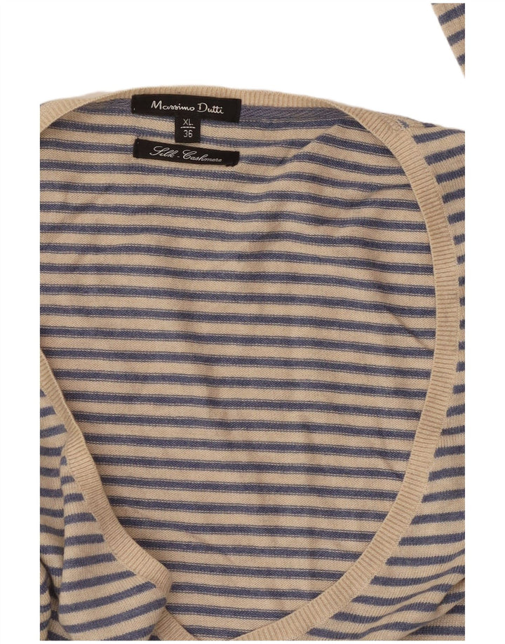 MASSIMO DUTTI Pull col V pour femme UK 18 XL Cachemire rayé bleu
