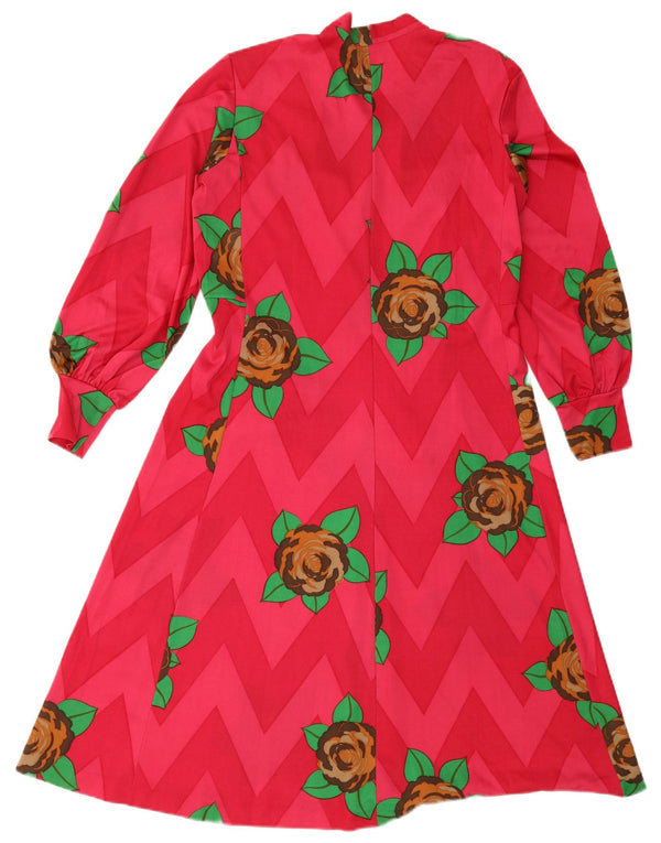 vintage Femmes Manches Longues Front Tie A-Line Robe UK 12 Moyen Rose Floral