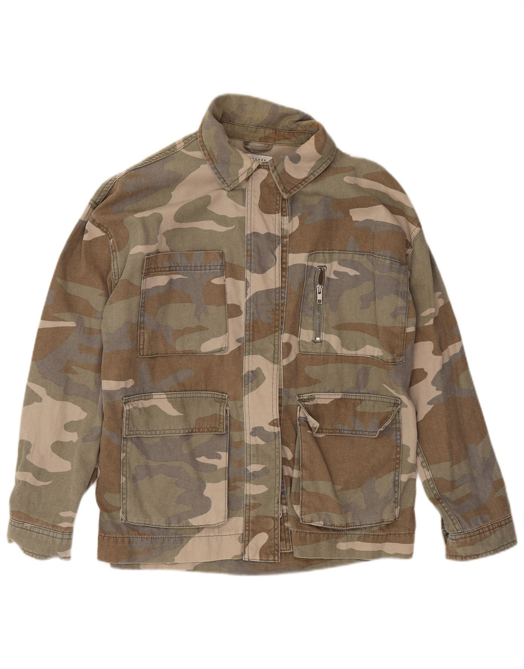 Topshop Veste utilitaire surdimensionnée pour femme UK 10 Petit coton camouflage kaki