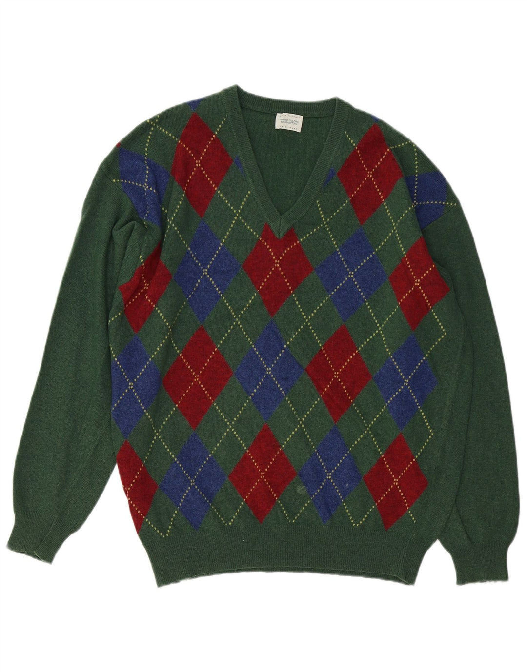 BENETTON Pull Col V Homme Vert Moyen Argyle/Diamond Laine