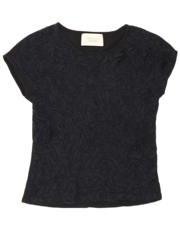 Zara Womens Abstract Pattern T-Shirt Top UK 12 Coton Noir Moyen