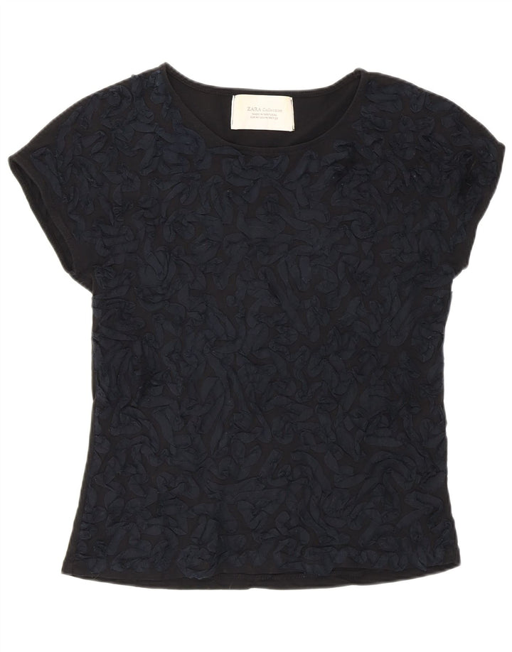 Zara Womens Abstract Pattern T-Shirt Top UK 12 Coton Noir Moyen
