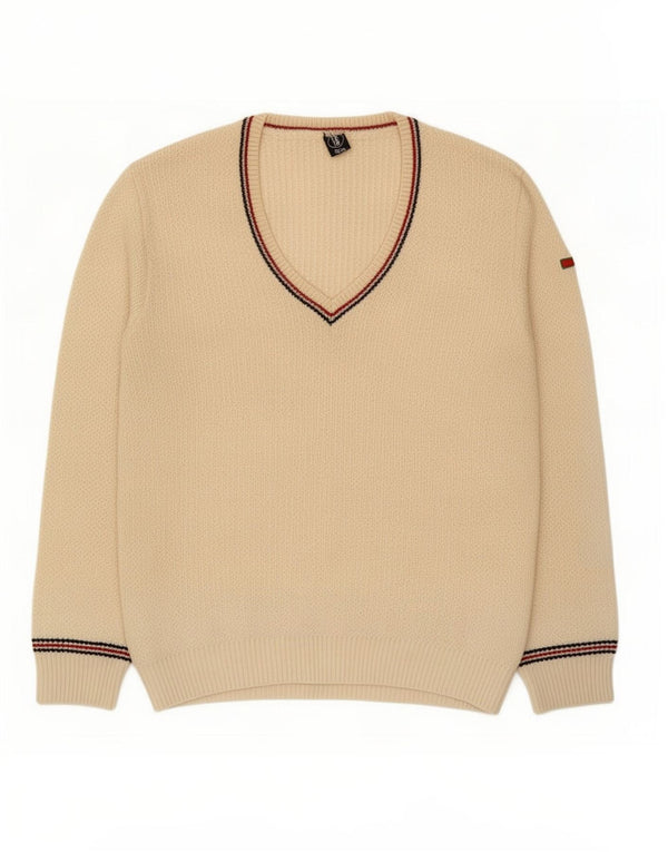 vintage Mens V-Col Jumper Pull Petit Beige Rayé