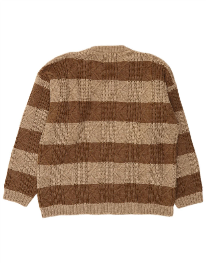 vintage Mens Crew Neck Jumper Pull Grand Marron Rayé